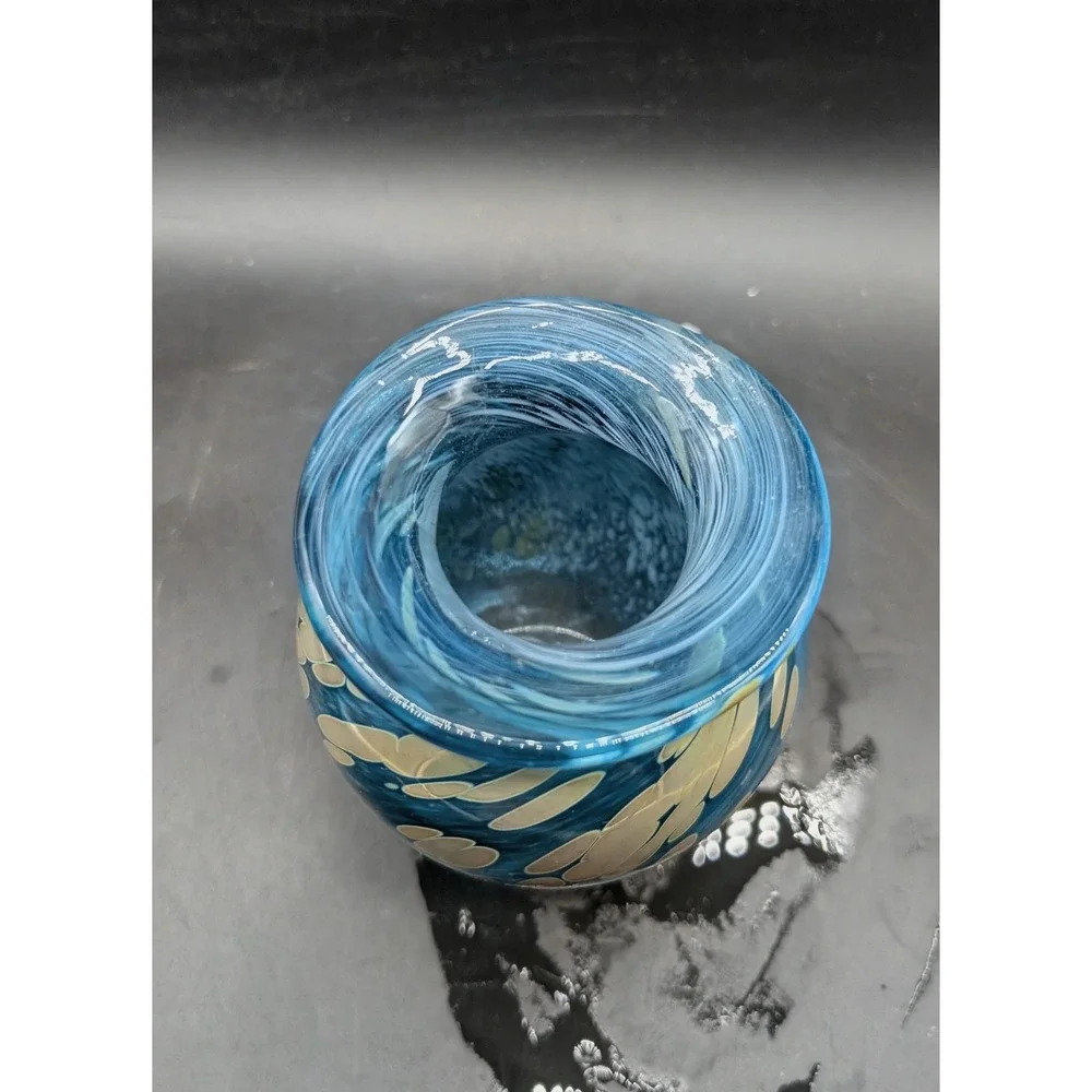 Hand Blown Blue Art Glass Vase Swirl Pebble Pattern Metallic Accents Artisan 6